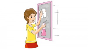 Hausfrau beim Fenster putzen